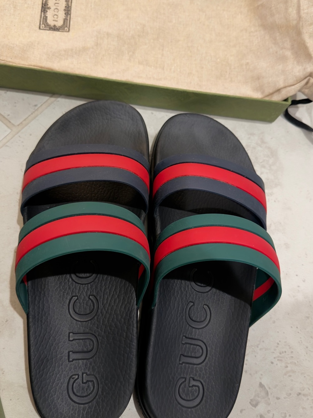 Gucci Black Slides with Red and Green Striped Bands - Picture 3 of 7